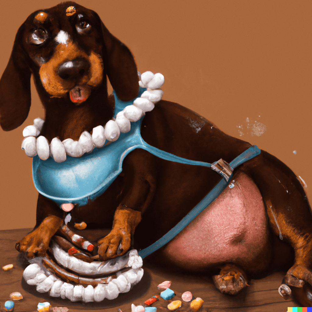 Dachshund with a big belly eating cake