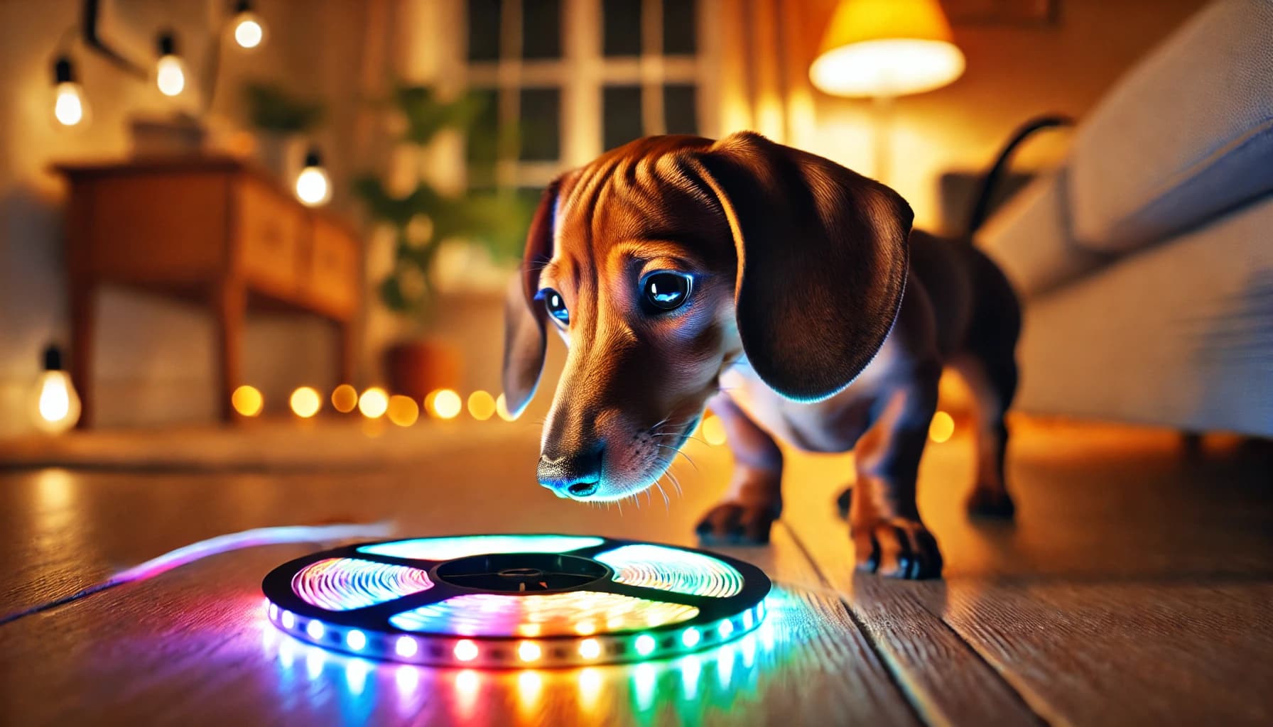 Dachshund sniffing LED strip with rainbow colors