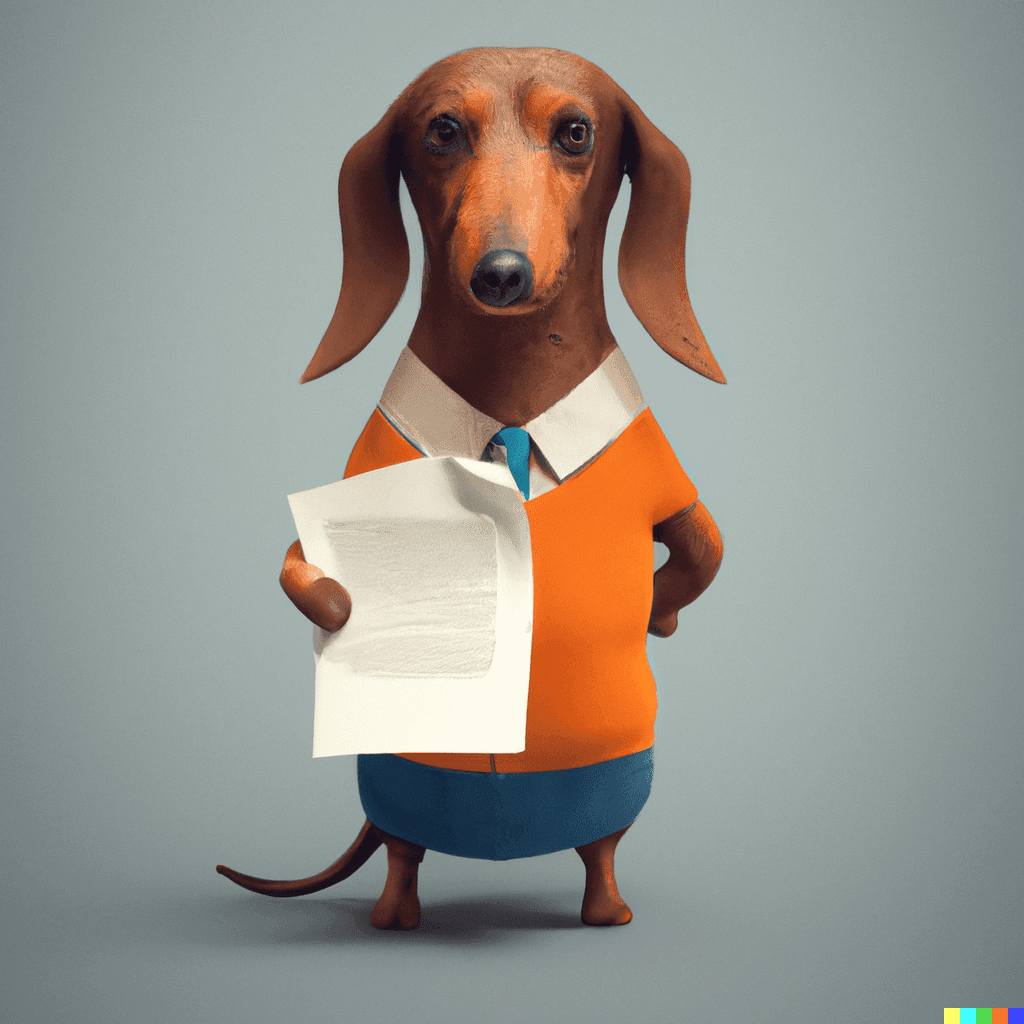Dachshund as a human holding a paper with printed document