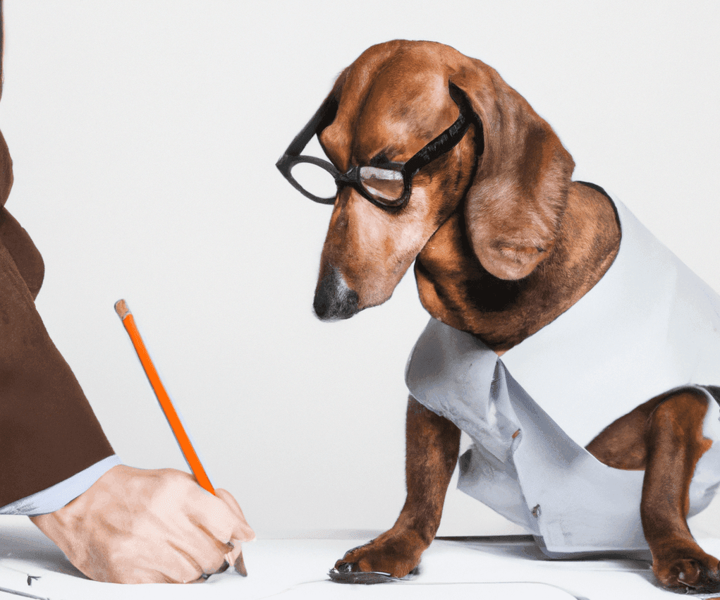 Dachshund in glasses watching at the drawing of a wheel